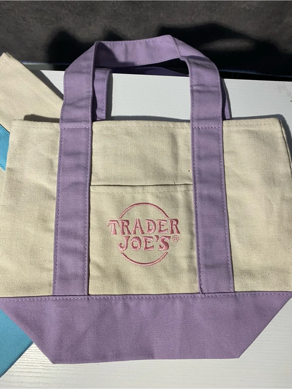 Trader Joes Mini Canvas Tote Bag Set Light Blue and Purple Lavender NWT